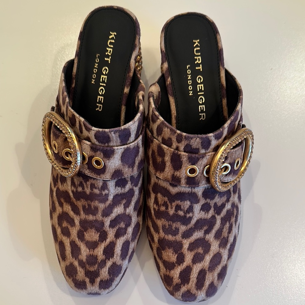 New Kurt Geiger Suede Brown and Gold Mules with Leopard Print. Size 7.